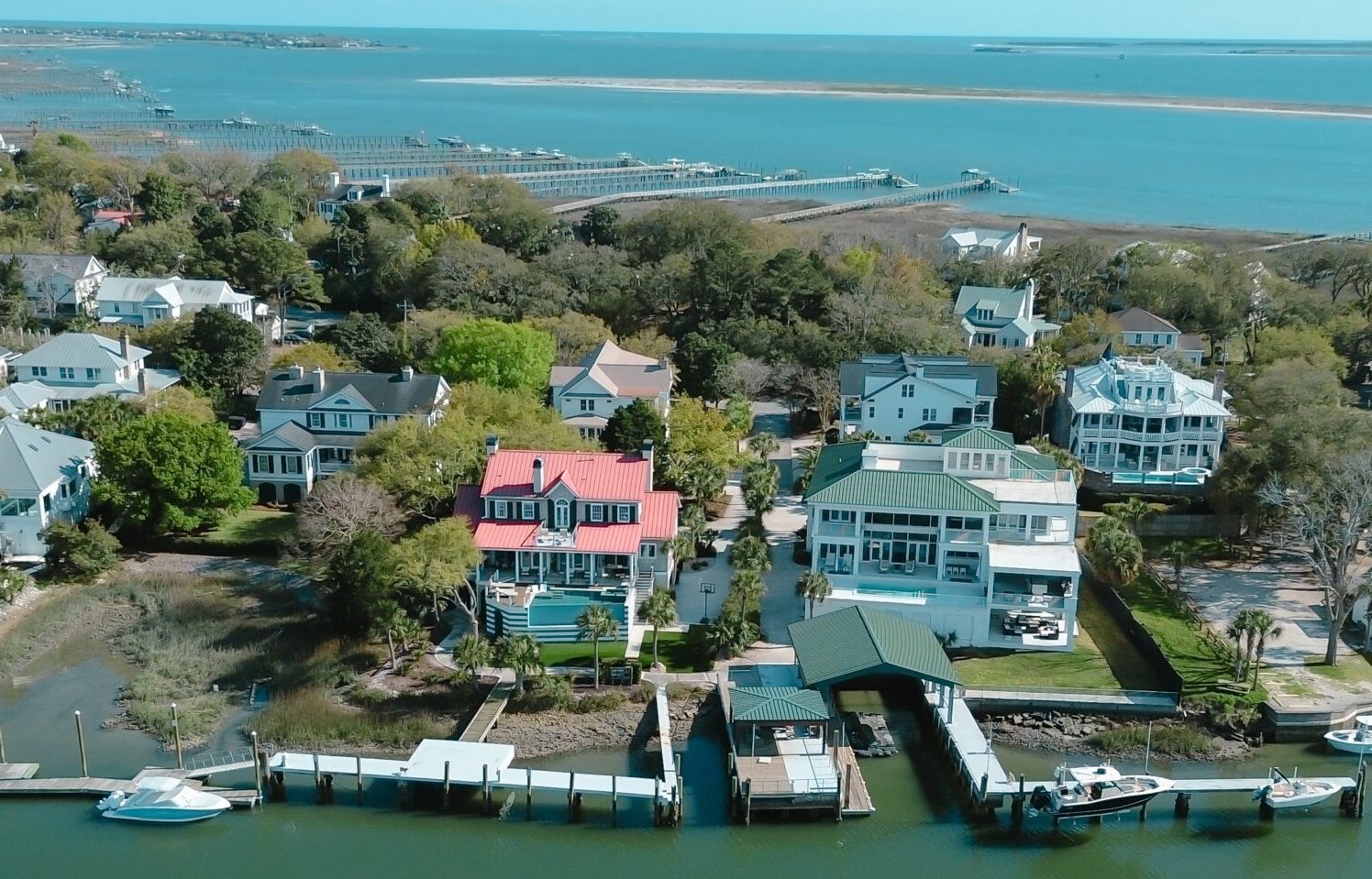 Waterfront homes with private docks along a coastal South Carolina channel
