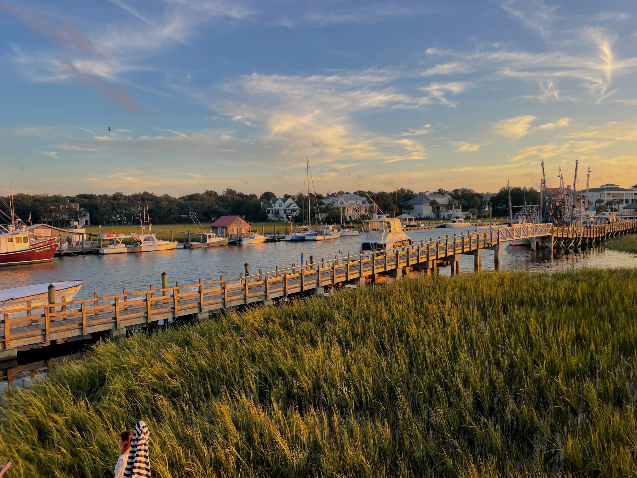 Shem Creek waterfront at sunset in Mount Pleasant, South Carolina