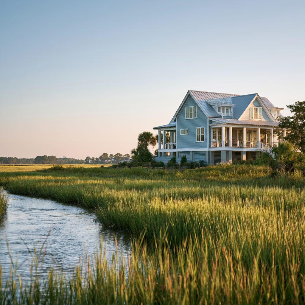 Coastal Flood Insurance — Elevated Marsh-Front Home Light-blue elevated Lowcountry home beside a tidal creek and salt marsh at golden hour