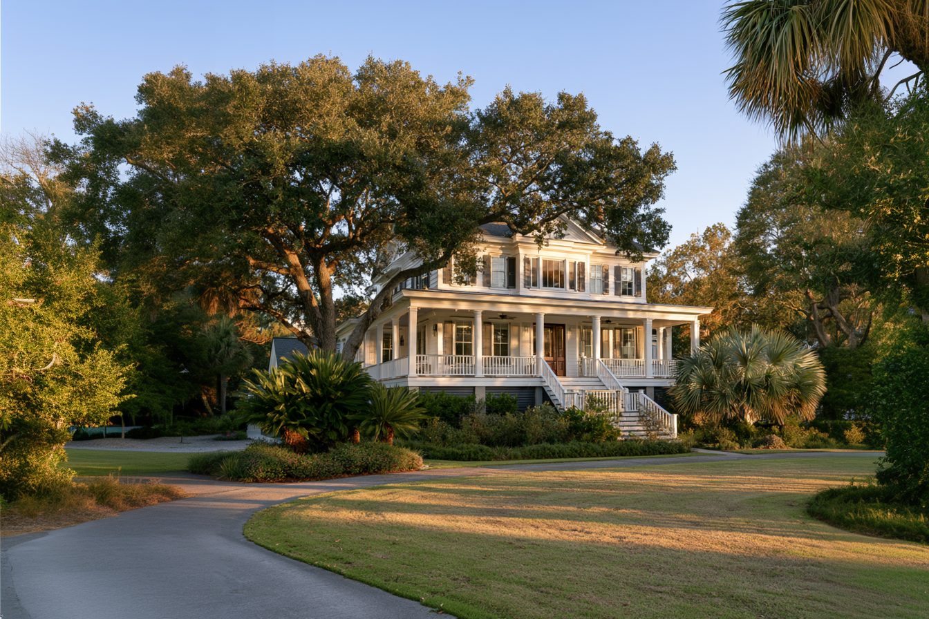 Coastal Homeowners Insurance — Lowcountry Home White Lowcountry home with a wraparound porch beneath a large live oak in late-afternoon light